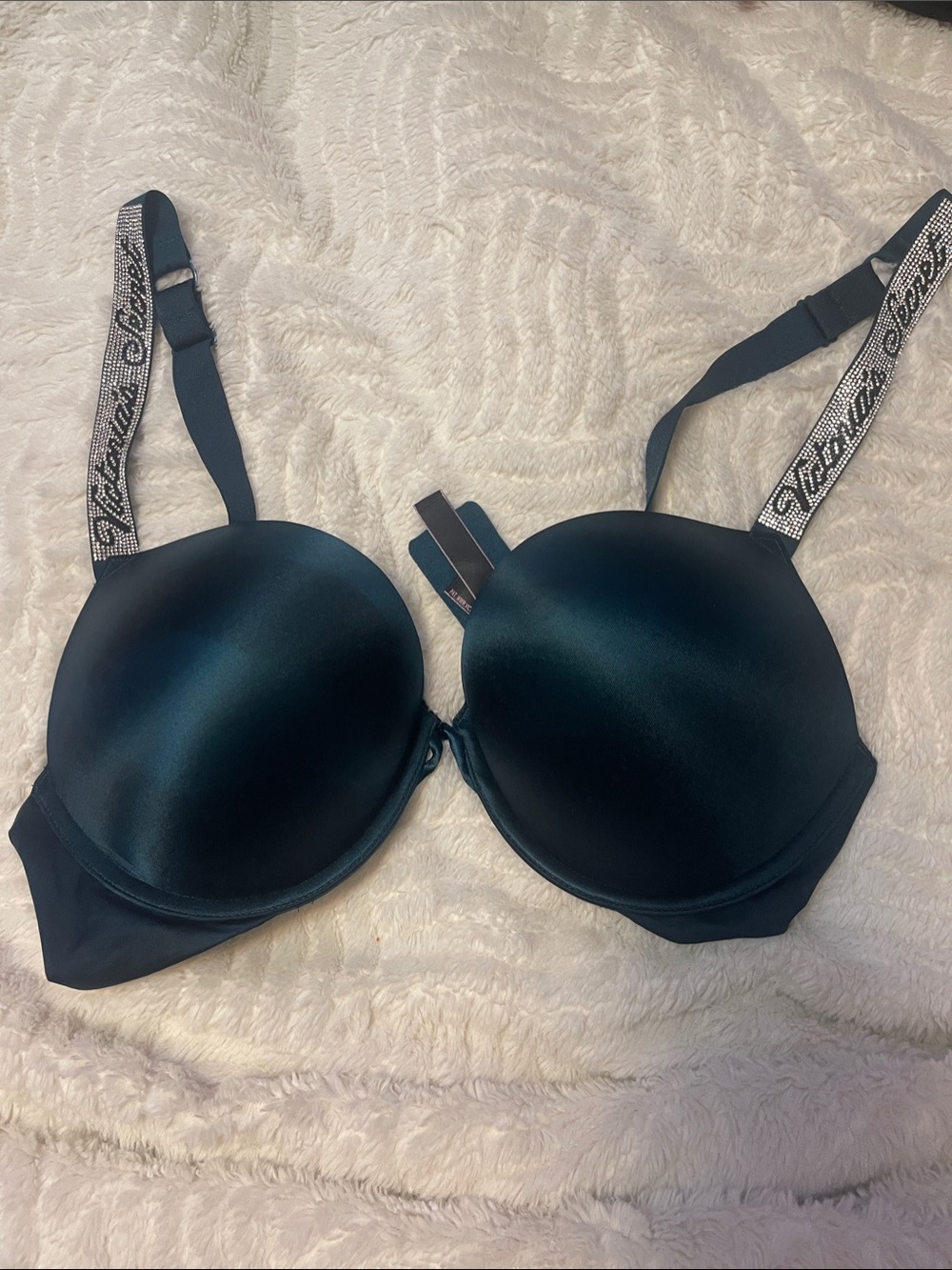 Victoria's Secret Deep Teal Satin Push-Up Bra with Logo Straps